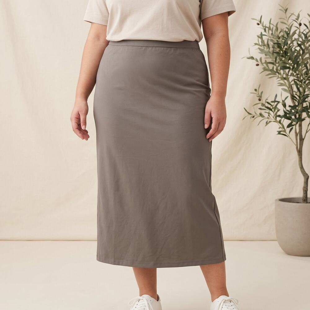 Uniqlo Women's AIRism Ultra Stretch Midi Skirt Taupe Grey Minimalist Slit L